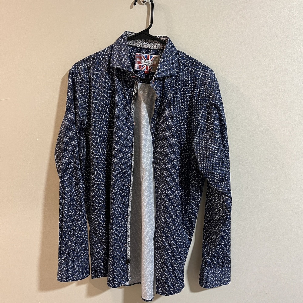 7‎ Downie St Couture Shirt Mens 5 Blue Geometric Long Sleeve Button-Up